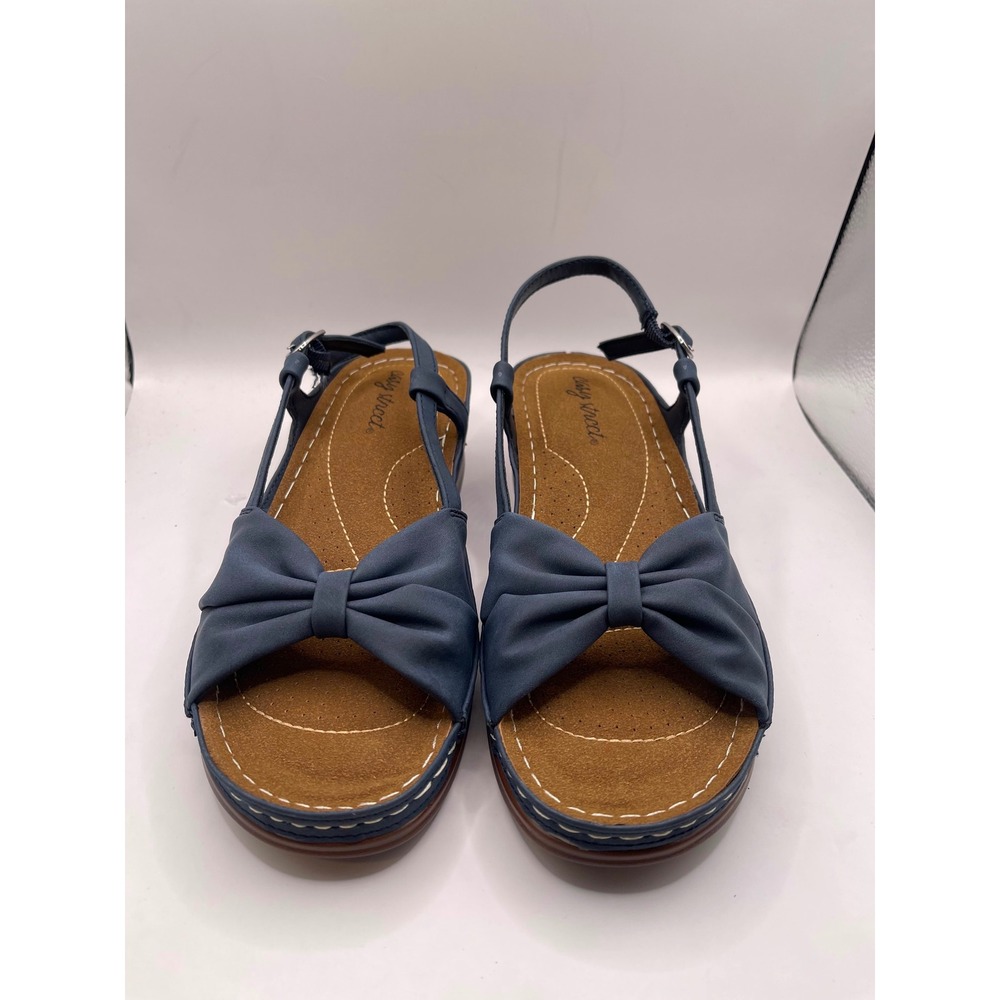 Easy Street Jupiter Navy Blue Bow Slingback Wedge Sandals Womens 7.5 M